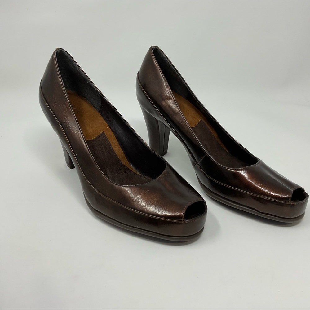 A2 By Aerosoles Brown Leather Peep-Toe Heels